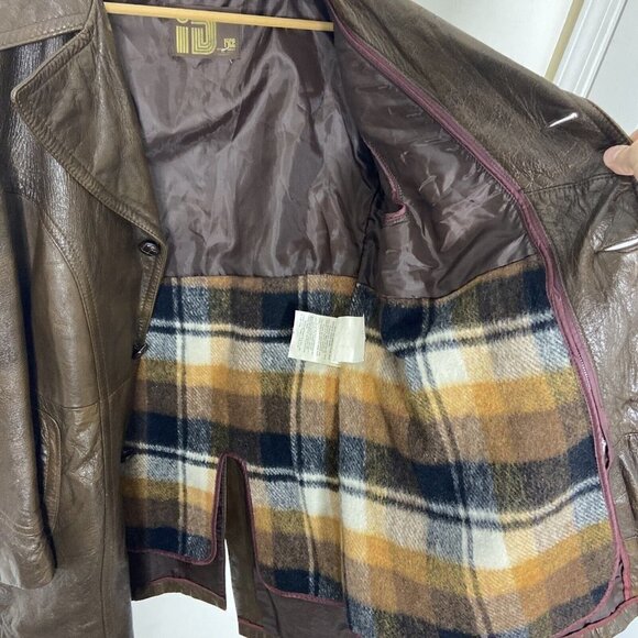 Vintage Rice Sportswear 70s Brown Leather Coat Plaid Lined Hipster Mod Men 44 - Picture 7 of 10